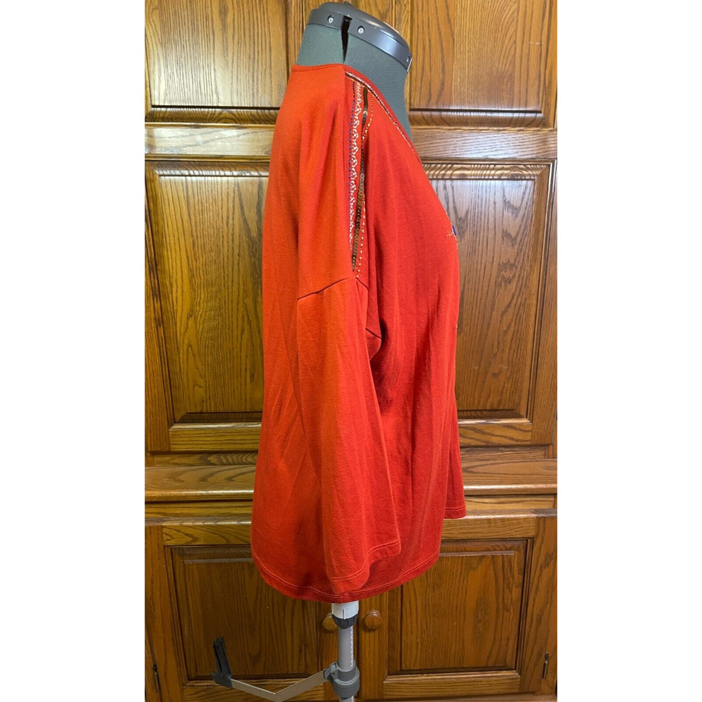 Chico's 2P (LP/12) Embroidered Burnt Orange Boho 3/4 Sleeve Shirt Sequins *Read - Picture 4 of 12